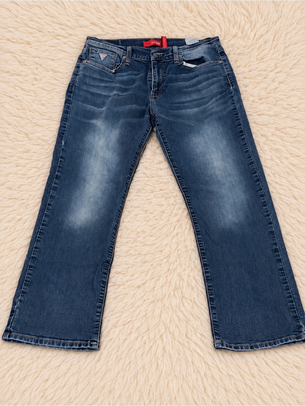 GUESS Men's Dark Blue Slim Straight Jeans with Fading